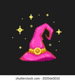 Pixel art Pink Witch Hat. Retro pixel witch or sorceress hat illustration in 8 bit style. Halloween decoration element or game asset. 90s style pixel isolated vector pink witch hat with stars icon.