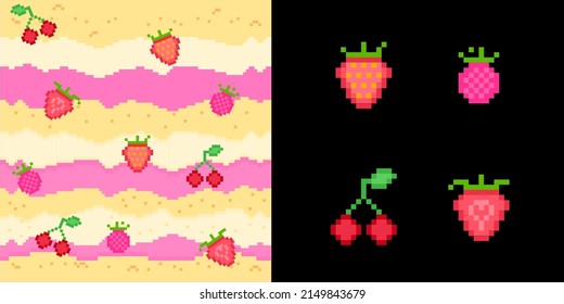 Pixel art pinkberry parfait strawberry, cherry, raspberry cake dessert illustration