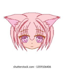 Pixel art, Pink-haired anime girl with ears. Mile for chat. Sticker.