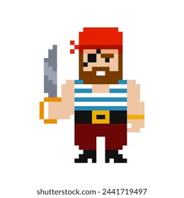 Pixel Art Pirate Cabin Boy suit sailor with saber or sword in red bandana - cartoon retro game style vector graphics. Funny Pirate charactrer in pixel art style 