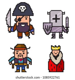 Pixel Art Pirate, Knight, Cowboy And Queen. Vector 8 Bit Game Character Set Isolated On White Background.