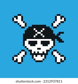 Pixel art pirate skull, on isolated background.