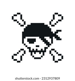 Pixel art pirate skull with one eye and hair cover, on isolated background.