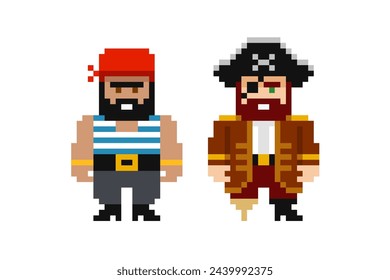 Pixel Art Pirates Captain and sailor suits - cartoon retro 8 bit game style vector graphics set