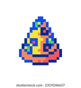 Pixel art pizza icon. 90s 8bit style illustration of slice of pizza. Cute pixel art y2k sticker or game element.	