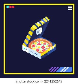 Ilustración de pizza de arte de píxeles. Icono de 8 bits estilo ciberpunk de pizza en caja de cartón. Comida rápida con pegatinas de caza retro de vectores de los años 80.