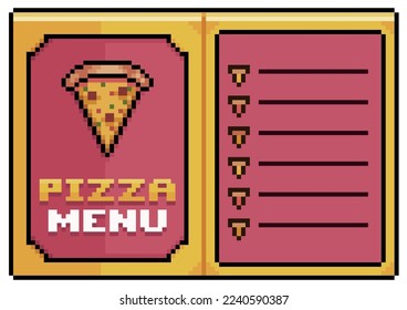 Pixel art pizza menu, open paper menu vector icon for 8bit game on white background