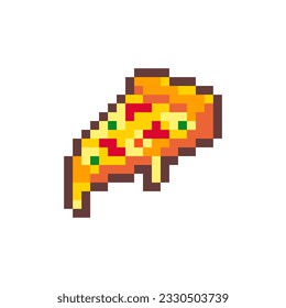 Pixel Art Pizza. Retro 8 bit Style Fast Food Pizza Slice Illustration. Ideal for Sticker, Retro Decorative Element, Game Asset, Emoji, or Cute Geek Avatar.