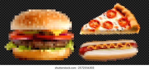 Pixel art of pizza slice, burger and hot dog set. Trendy 90s vector illustrations of fast food, junk meals, and American classics.