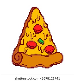 Pixel arte pizza rebanada aislada sobre fondo blanco. Ilustración vectorial