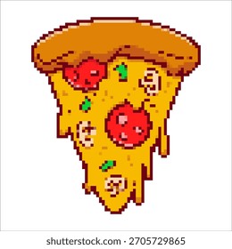 Pixel arte pizza rebanada aislada sobre fondo blanco. Ilustración vectorial