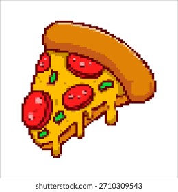 Pixel arte pizza rebanada aislada sobre fondo blanco. Ilustración vectorial