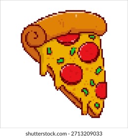 Pixel arte pizza rebanada aislada sobre fondo blanco. Ilustración vectorial