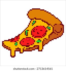 Pixel arte pizza rebanada aislada sobre fondo blanco. Ilustración vectorial