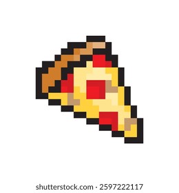 Pixel art pizza. Triangular slice shape. Brown crust detail. Yellow cheese vector.