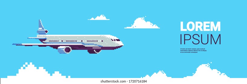 pixel art plane aircraft flying in sky air passenger transport airline service concept horizontal copy space vector illustration