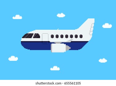 Pixel art plane flying in the sky with clouds