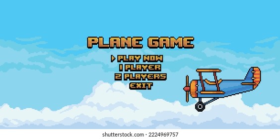 Pixel art plane game home menu 
blue sky with clouds background vector for 8 bit game