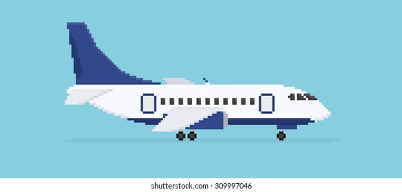 Pixel art plane isolated on blue background