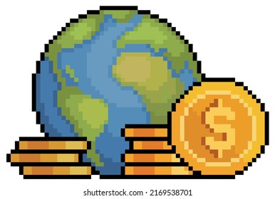 Pixel art planet earth with coins. money in the world vector icon for 8bit game on white background
 