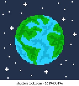 Pixel Art Planet Earth Vector Illustration