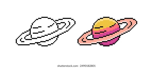 Pixel art planet en estilo retro. Ilustración vectorial