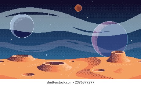 Pixel art planet surface background. Cosmic game location. Outer space seamless vector illustration.