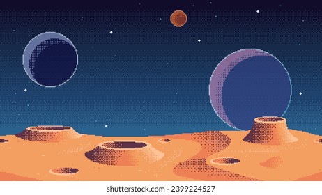 Pixel art planet surface background with moons in the sky. Cosmic game location. Outer space seamless vector illustration.