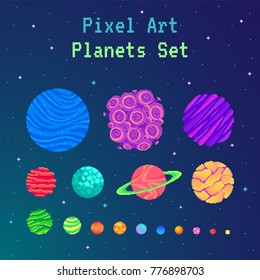 Pixel art planets set . Cartoon collection for design. Vector illustration.