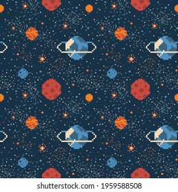 Pixel art planets and stars in space seamless pattern. 8 bit background design with galaxy and clusters of stars for fabric and prints.