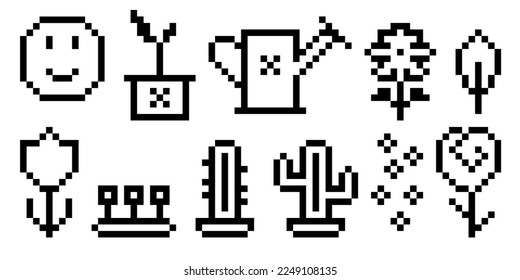 A la planta de arte de píxeles le encanta la ilustración vectorial minimalista. Juego de 8 bits de computadora de 800. Diseño de juegos retro. Consolas de juego en cartuchos. Icono de estilo de píxeles. Ilustración mosaica aislada en fondo blanco.