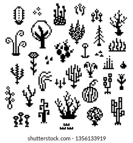 Pixel art plants, 8 bit monochrome vegetation icons, retro styled living nature elements, various fantastic herbs sprites for retro gaming themed designs