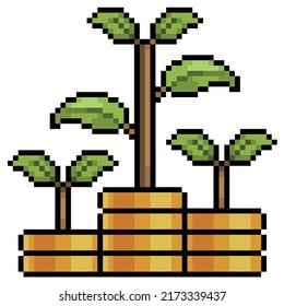 Pixel art plants over gold coins. Investment and profit growth vector icon for 8bit game on white background
