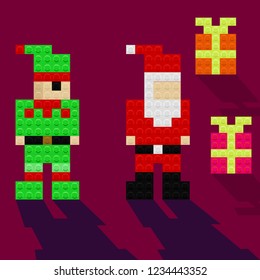 Pixel art, plastic parts, cute santa claus, elf, presents. Vector illustration