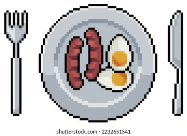 Pixel art plate with boiled eggs and sausage and cutlery vector icon for 8bit game on white background