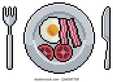 Pixel art plate with eggs, bacon, tomatoes and cutlery vector icon for 8bit game on white background
