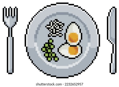 Pixel art plate with eggs, rice, peas and cutlery vector icon for 8bit game on white background