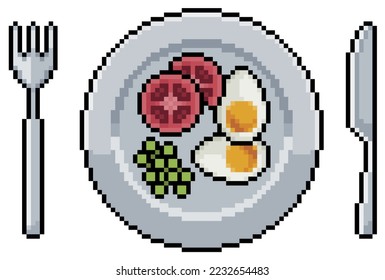 Pixel art plate with eggs, tomatoes, peas and cutlery vector icon for 8bit game on white background