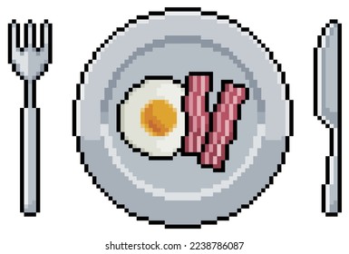 Pixel art plate with fried eggs and bacon vector icon for 8bit game on white background
