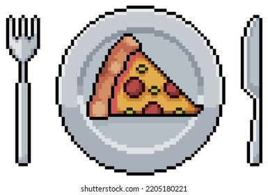 Pixel art plate with pizza slice, fork and knife vector icon for 8bit game on white background