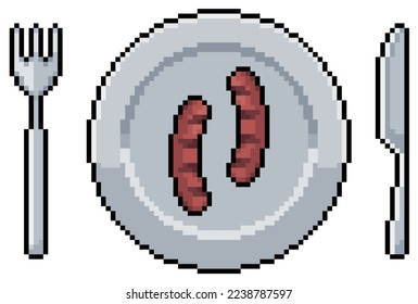 Pixel art plate with sausage and cutlery vector icon for 8bit game on white background
