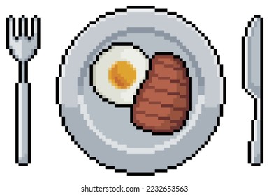 Pixel art plate with steak, fried egg and cutlery vector icon for 8bit game on white background