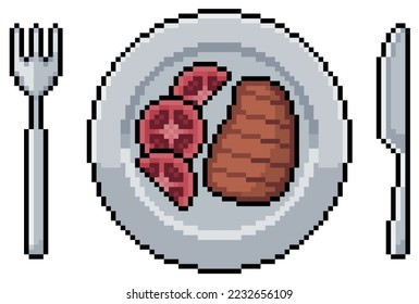 Pixel art plate with steak and tomatoes vector icon for 8bit game on white background