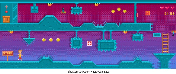 Pixel art platformer with different obstruction. Location with underground station. Background for game application.
