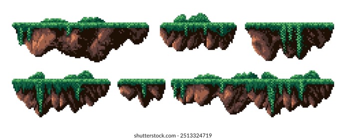 Pixel-Art-Plattformen für Spielebenen, 8-Bit-Retro-Design-Videospiel, schwebende Inseln, fliegende Plattformen, Felsen und Gras, Vektorgrafik