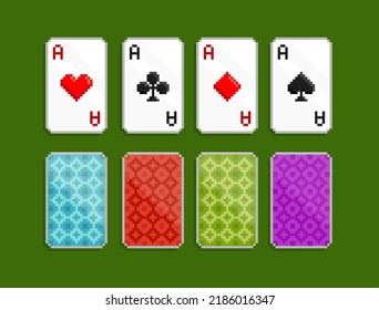 Pixel Art Playing cards with ace suits on green background. Pixel playing cards. Design for logo, sticker, app. 8-bit Poker video game assets sprites