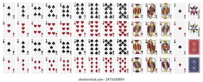 Pixel art playing cards. Standard 52 playing cards deck with pixelated clubs, diamonds, hearts and spades. Illustrated face cards Jack, Queen, King and Joker vector set