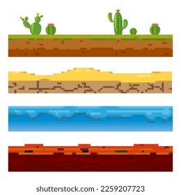 Pixel art. Playing environment: landscape. Ground, soil, water surface, for custom games.  game platform. Vector