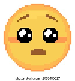 Pixel art Pleading Emoji face icon. Vector cute pixel begging emoticon with Glossy Eyes. Shy Emoji in retro pixel 8 bit style. Puppy dog simp emoji yellow face isolated icon.