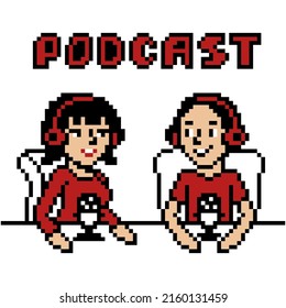 Pixel art podcast host talking to a guest in the studio. Vlog dialogue. Live talk show stream. Two speakers radio interview. TV broadcasting. Video channel banner. Online audio discussion translation.